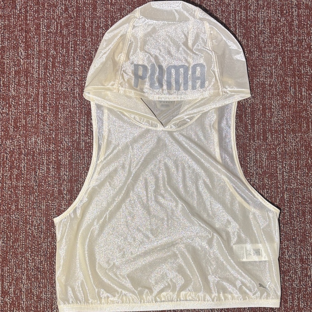 PUMA Sparkling sheer sleeveless White Hooded Tank shimmer muscle shirt women’s L